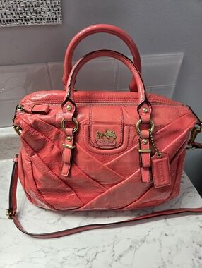 Coach Quilted Satchel in Coral Gorgeous Patent Leather. Vintage Coach.